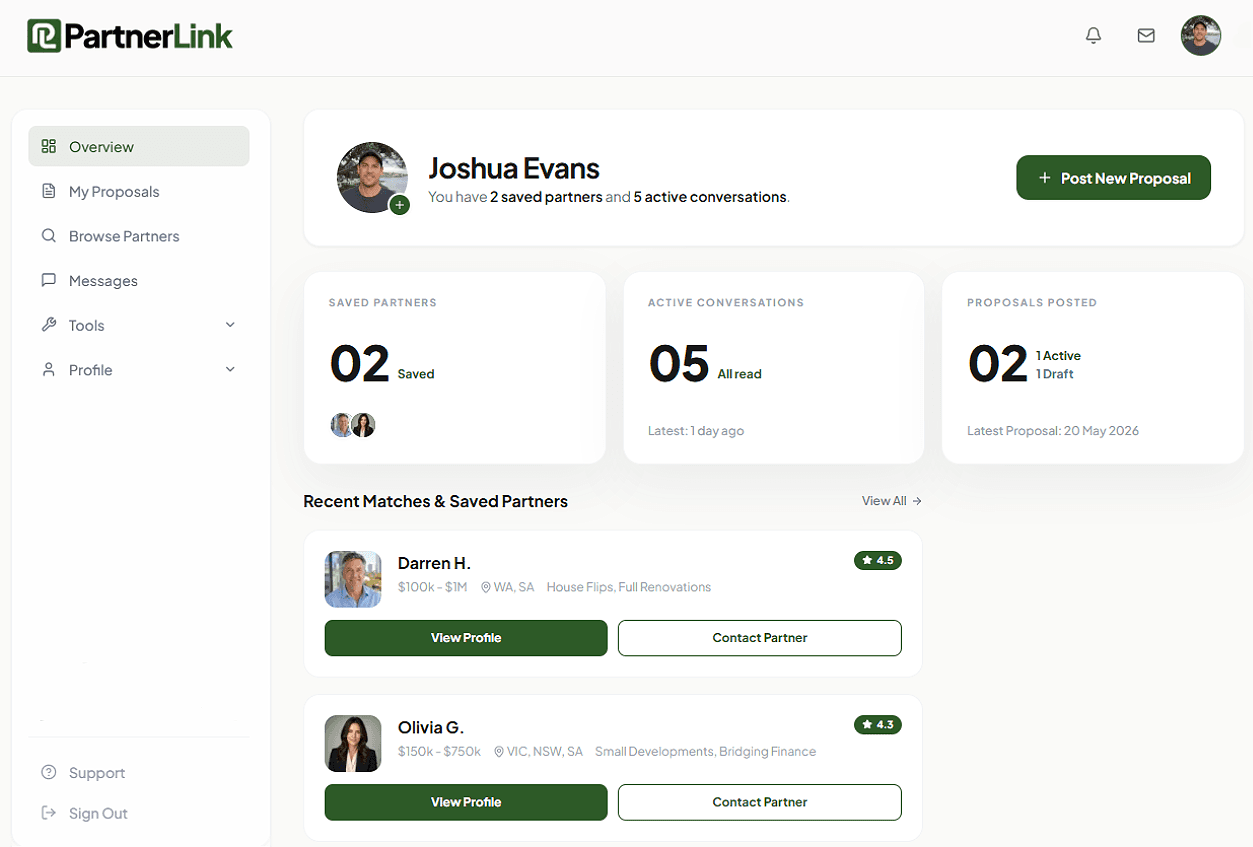 PartnerLink dashboard preview showing saved partners, conversations, proposals, and recent matches