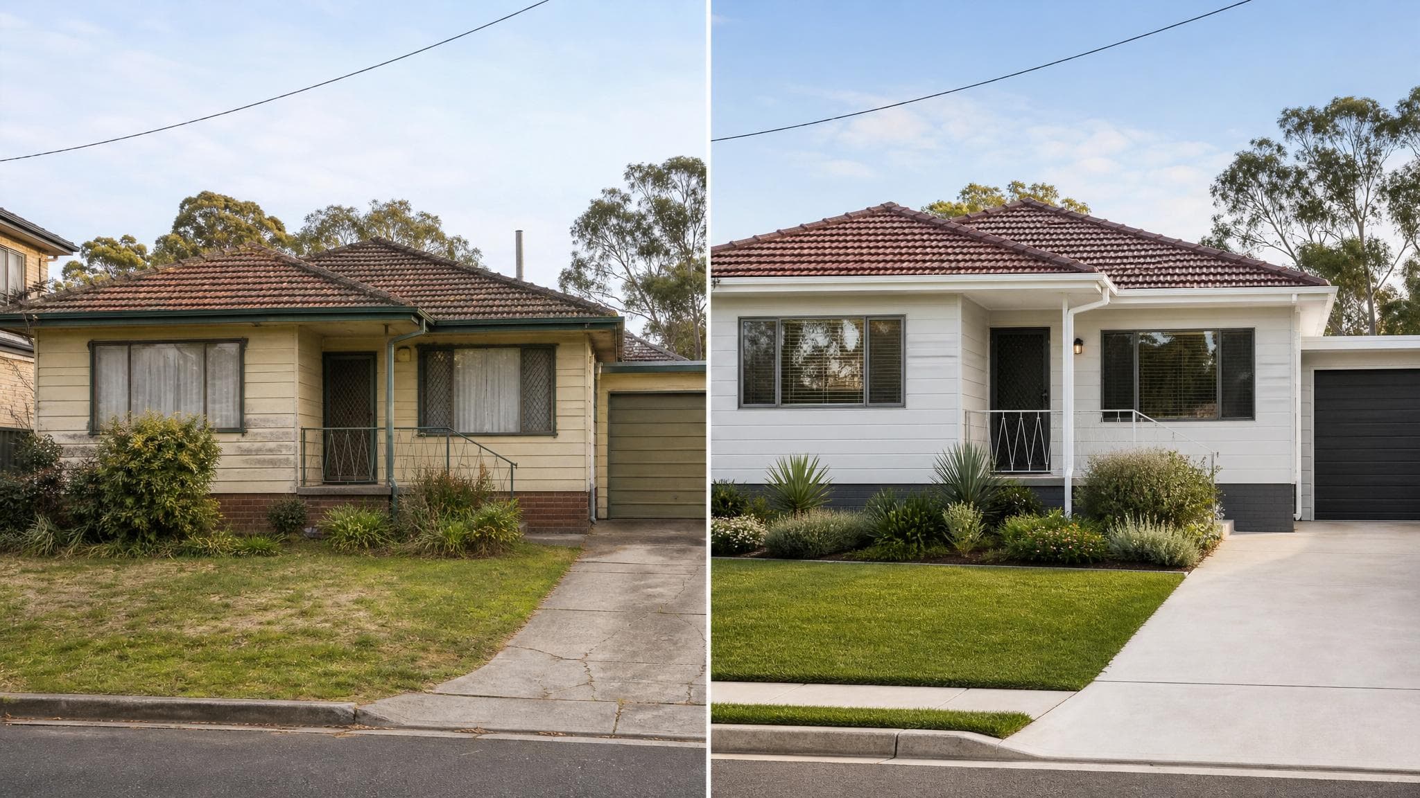 Before and after renovation comparison of a Melbourne brick suburban home