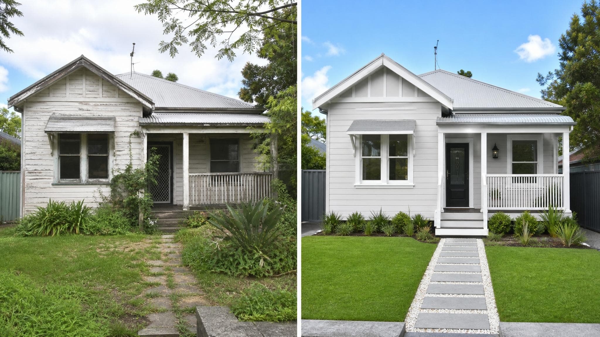 Before and after renovation comparison of a Newcastle weatherboard cottage