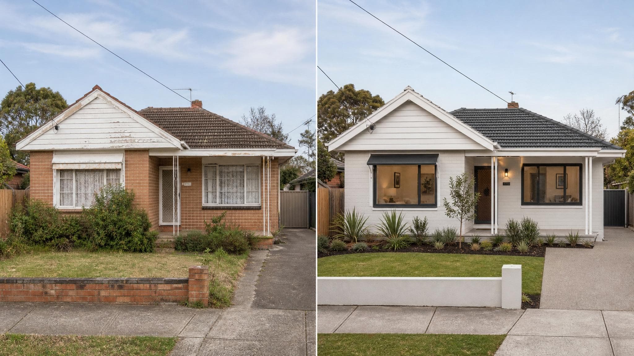 Before and after renovation comparison of a Perth suburban villa